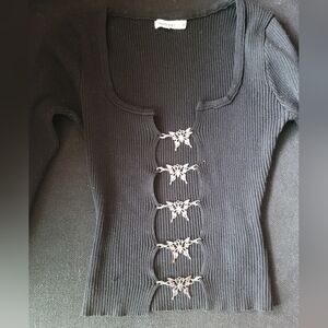 Elegant Black Ribbed Top with Silver Accents